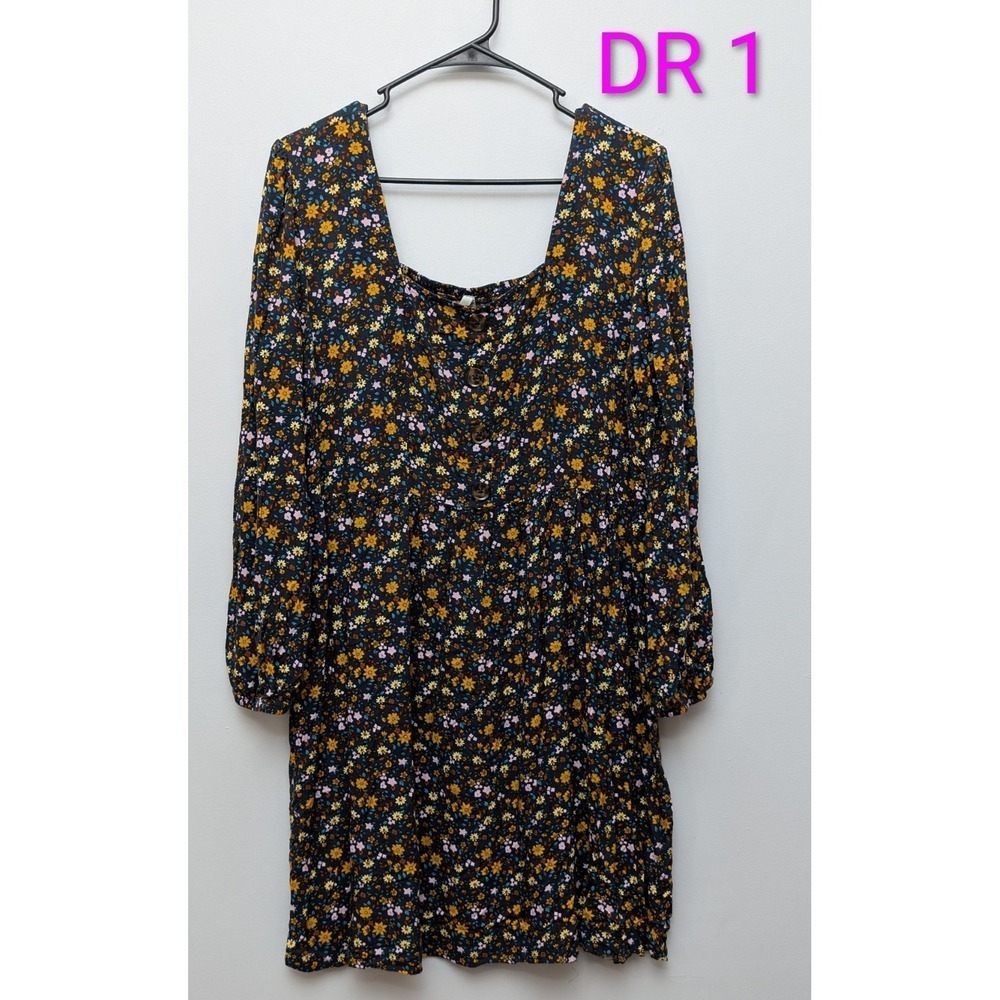 DR1 Mudd Blue Floral Long Sleeve Ruched Back Babydoll Peasant Dress Sz XXL
